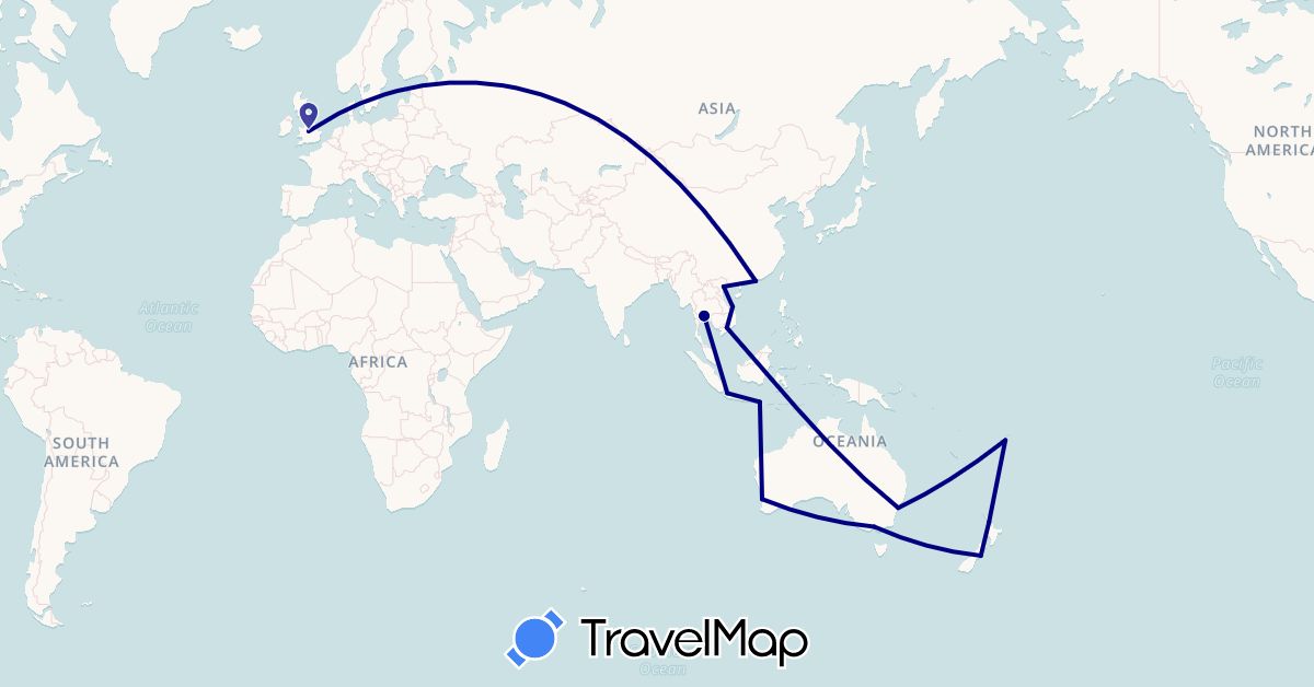 TravelMap itinerary: driving in Australia, China, Fiji, United Kingdom, Indonesia, New Zealand, Thailand, Vietnam (Asia, Europe, Oceania)